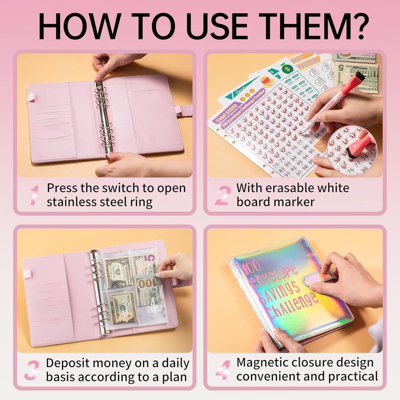 gusutide 100 Envelope Savings Challenge Binder, Money Saving Binder with Cash Envelopes, from 30 Days to 52 Weeks, to Save $500,$5,050 and $10,000, back to school supplies,gift for children (silver pink) - Image 4